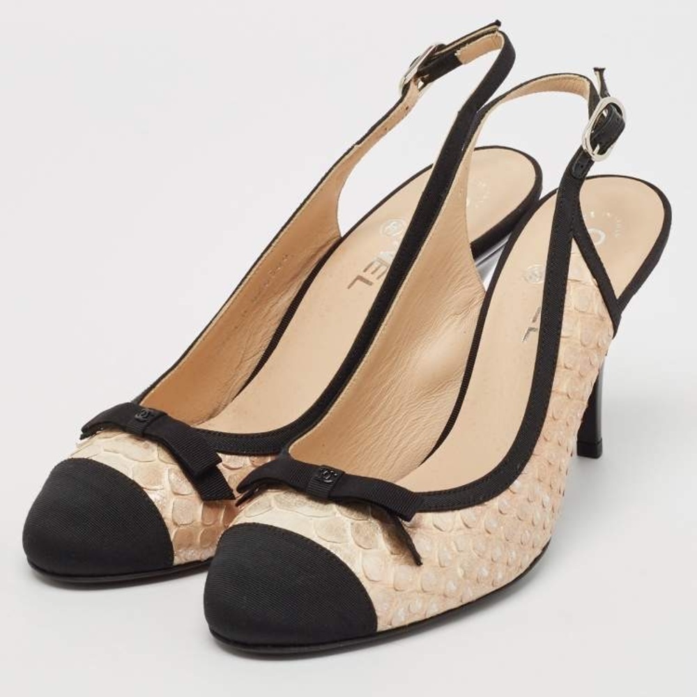 Chanel Canvas & Python Leather Bow Authentic Slin… - image 2